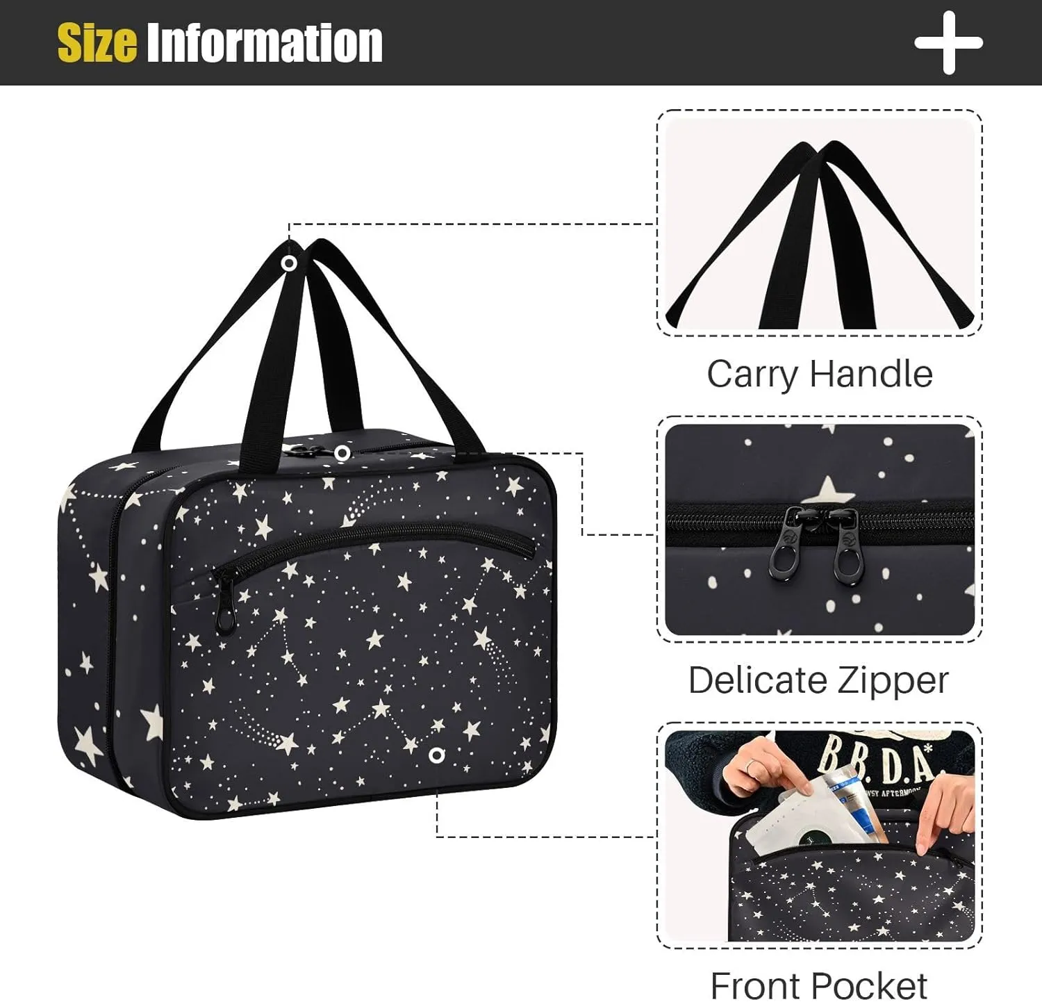 linqin Toiletry Bag for Travel, Star Black and White Makeup Bag Large Cosmetic Bag Organizer with Hanging Hook for Women Men