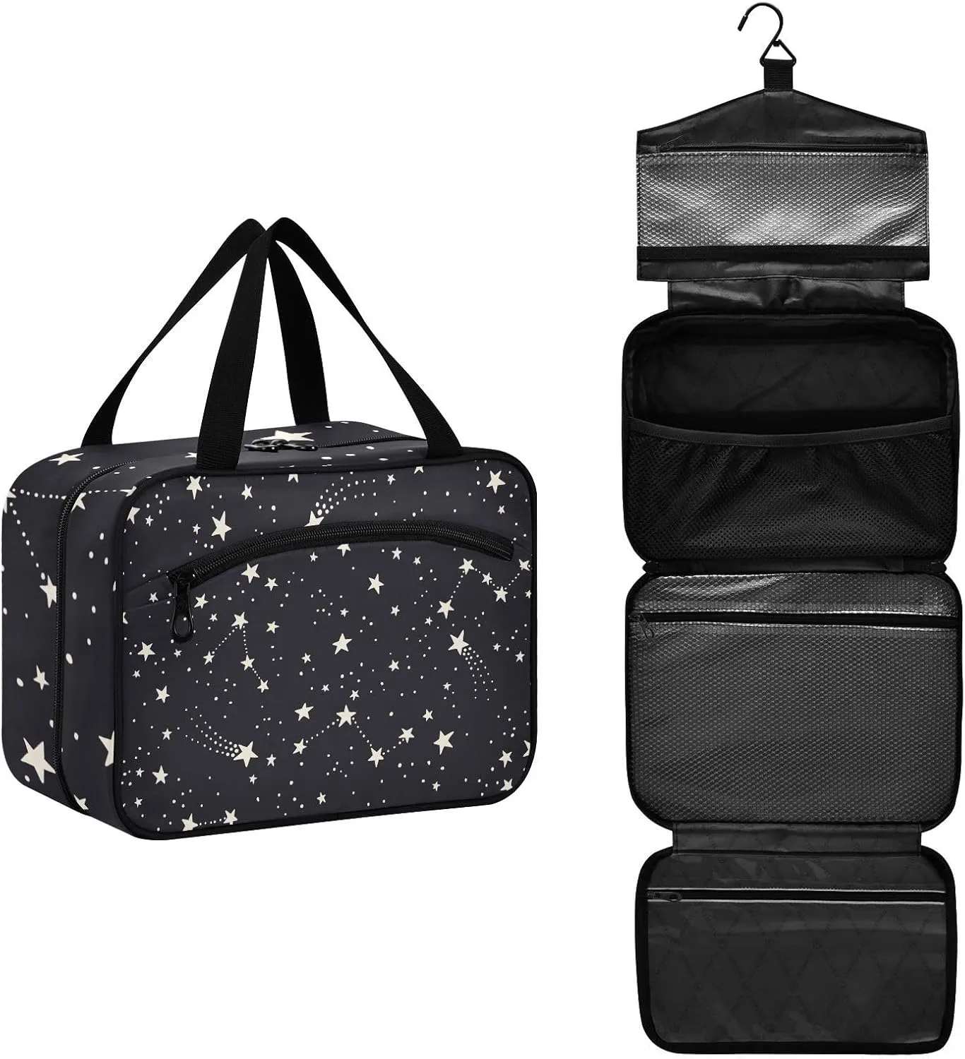 linqin Toiletry Bag for Travel, Star Black and White Makeup Bag Large Cosmetic Bag Organizer with Hanging Hook for Women Men