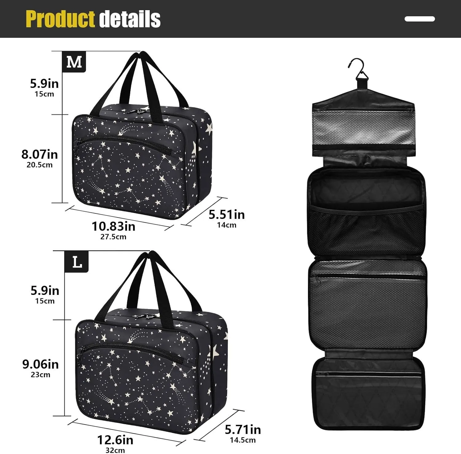 linqin Toiletry Bag for Travel, Star Black and White Makeup Bag Large Cosmetic Bag Organizer with Hanging Hook for Women Men