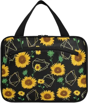 linqin Toiletry Bag for Travel, Sunflower Black Makeup Bag Large Cosmetic Bag Organizer with Hanging Hook for Women Men