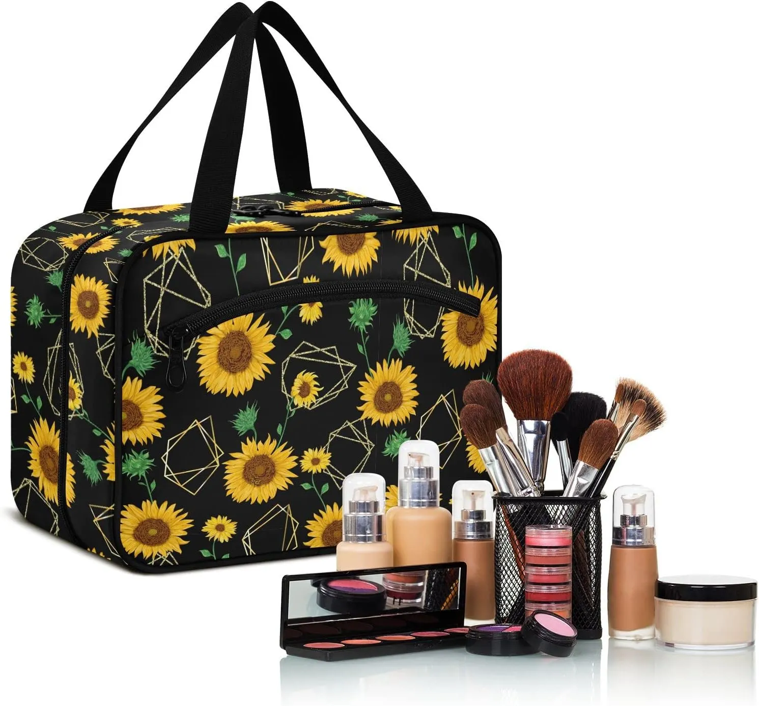 linqin Toiletry Bag for Travel, Sunflower Black Makeup Bag Large Cosmetic Bag Organizer with Hanging Hook for Women Men