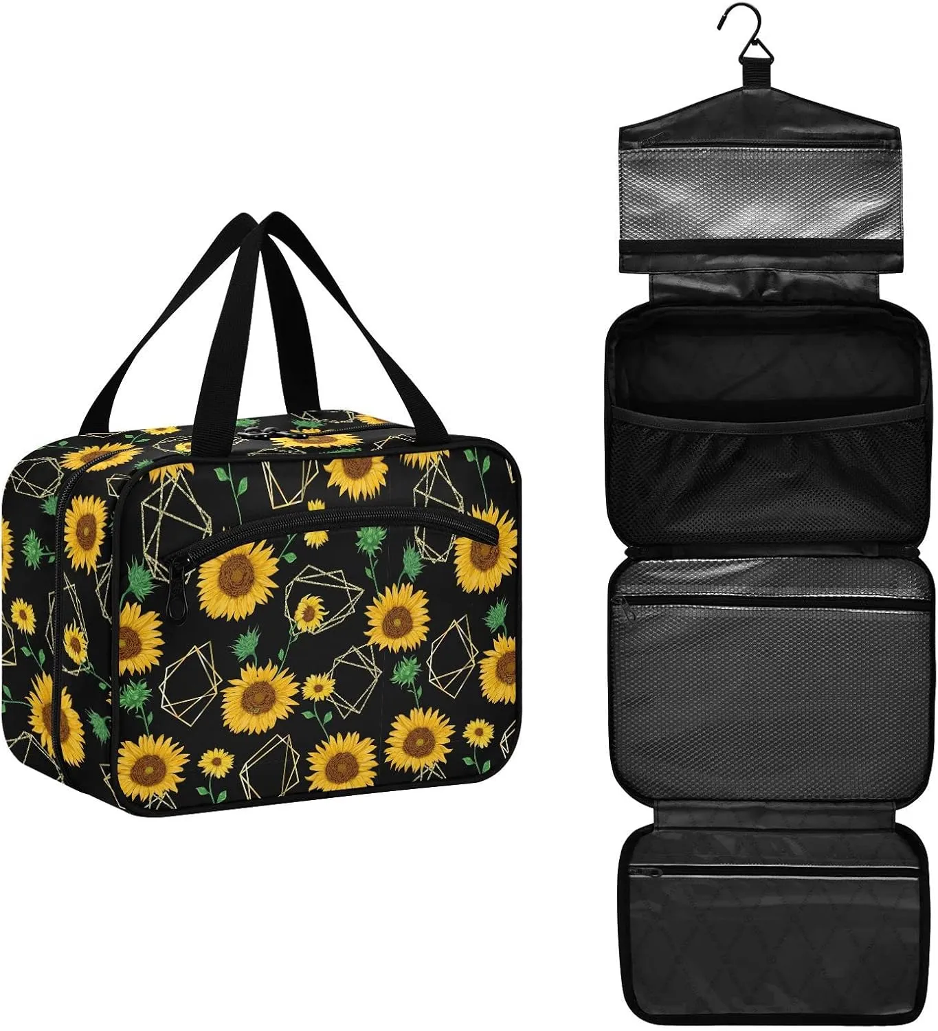linqin Toiletry Bag for Travel, Sunflower Black Makeup Bag Large Cosmetic Bag Organizer with Hanging Hook for Women Men