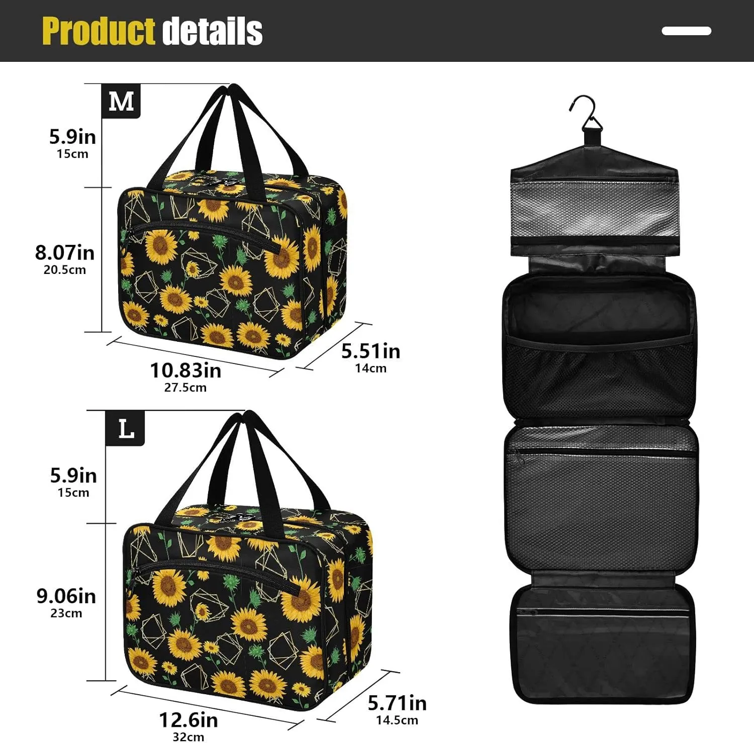 linqin Toiletry Bag for Travel, Sunflower Black Makeup Bag Large Cosmetic Bag Organizer with Hanging Hook for Women Men