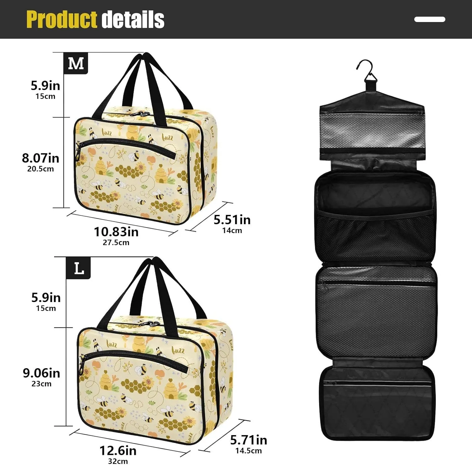 linqin Toiletry Bag for Travel, Sweet Honey Pattern Cute Bees Makeup Bag Large Cosmetic Bag Organizer with Hanging Hook for Women Men