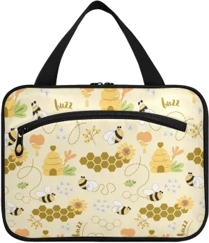 linqin Toiletry Bag for Travel, Sweet Honey Pattern Cute Bees Makeup Bag Large Cosmetic Bag Organizer with Hanging Hook for Women Men