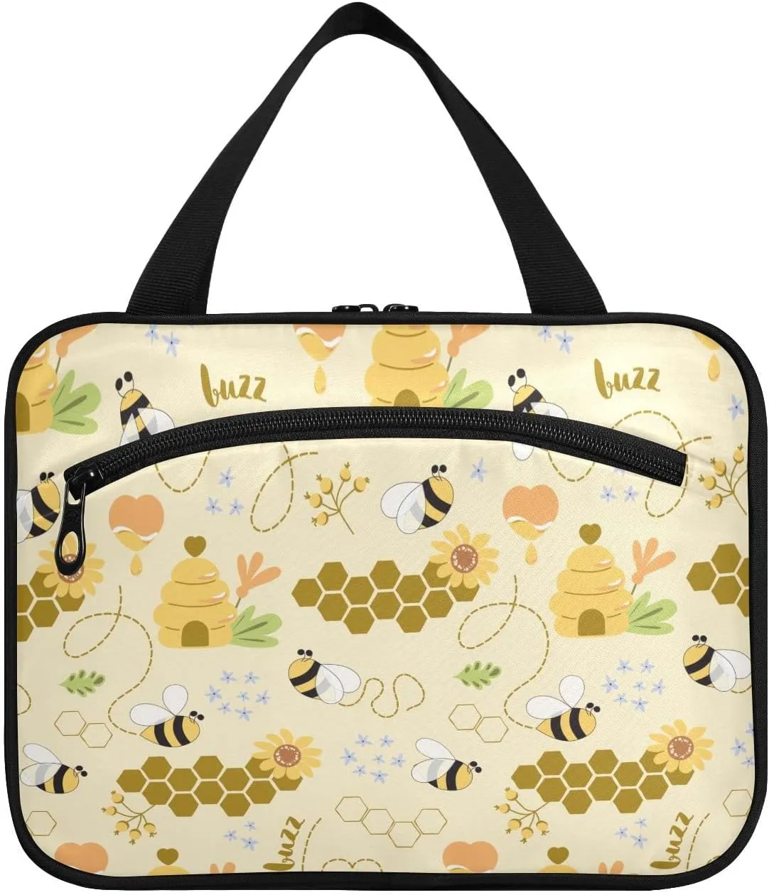 linqin Toiletry Bag for Travel, Sweet Honey Pattern Cute Bees Makeup Bag Large Cosmetic Bag Organizer with Hanging Hook for Women Men