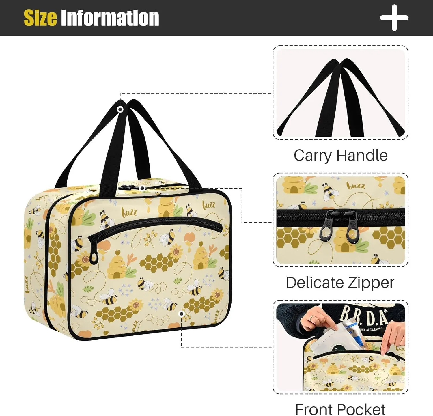 linqin Toiletry Bag for Travel, Sweet Honey Pattern Cute Bees Makeup Bag Large Cosmetic Bag Organizer with Hanging Hook for Women Men