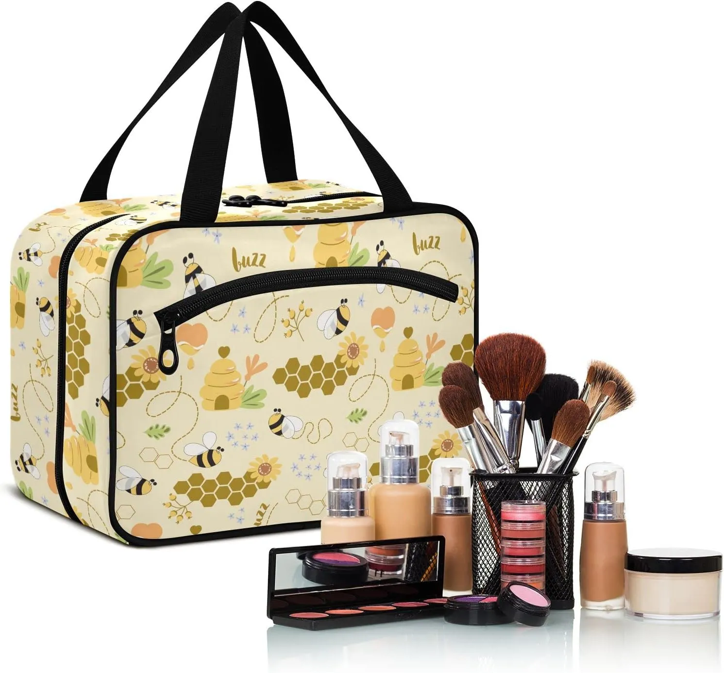 linqin Toiletry Bag for Travel, Sweet Honey Pattern Cute Bees Makeup Bag Large Cosmetic Bag Organizer with Hanging Hook for Women Men