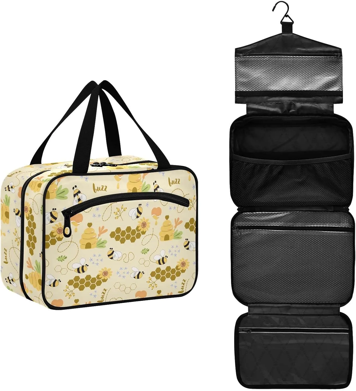 linqin Toiletry Bag for Travel, Sweet Honey Pattern Cute Bees Makeup Bag Large Cosmetic Bag Organizer with Hanging Hook for Women Men