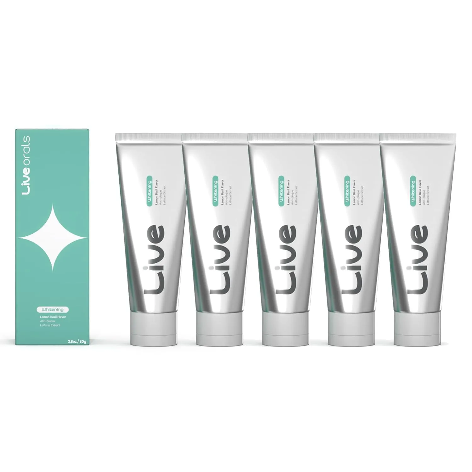 Live Orals Whitening Toothpaste 80g x 5 Units - Fluoride-Free Stain Removal, Strengthens Enamel, Natural Ingredients, Fresh Mint Flavor