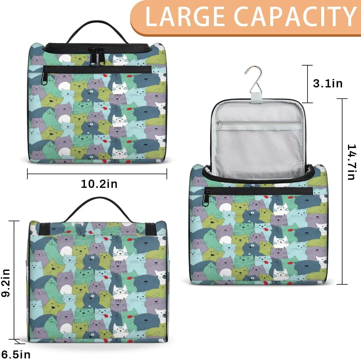 Lively Cats Hanging Toiletry Bag for Men Women Travel Cosmetic Makeup Organizer Bag Water Resistant Large Portable Wash Case for Accessories, Toiletries, Cosmetics