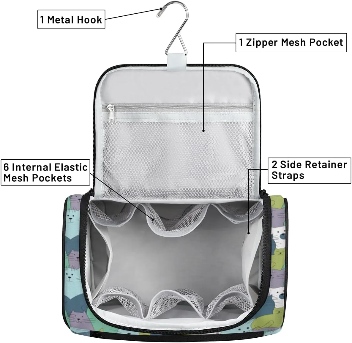 Lively Cats Hanging Toiletry Bag for Men Women Travel Cosmetic Makeup Organizer Bag Water Resistant Large Portable Wash Case for Accessories, Toiletries, Cosmetics