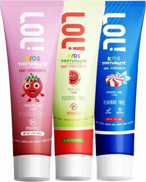 LOL Kids Toothpaste 3-Flavors Pack | Nano Hydroxyapatite Toothpaste, Probiotics, Vitamins A, C, E | Safe if Swallowed, No SLS | 1 Peppermint, 1 Strawberry & 1 Melon Flavor