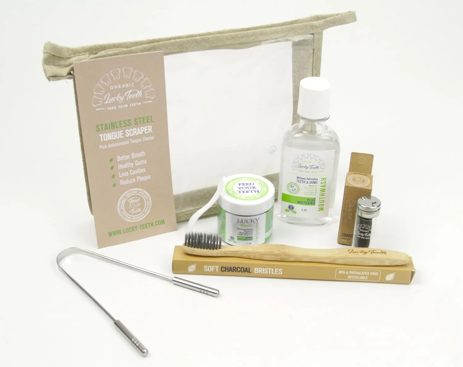 Lucky Teeth Oral Care Travel Kit Essentials in a Hemp Bag- Organic Charcoal Toothpaste, Peroxide Mouthwash, Bamboo Floss, Stainless Steel Tongue Scraper, Charcoal Toothbrush. (Charcoal/Stainless)