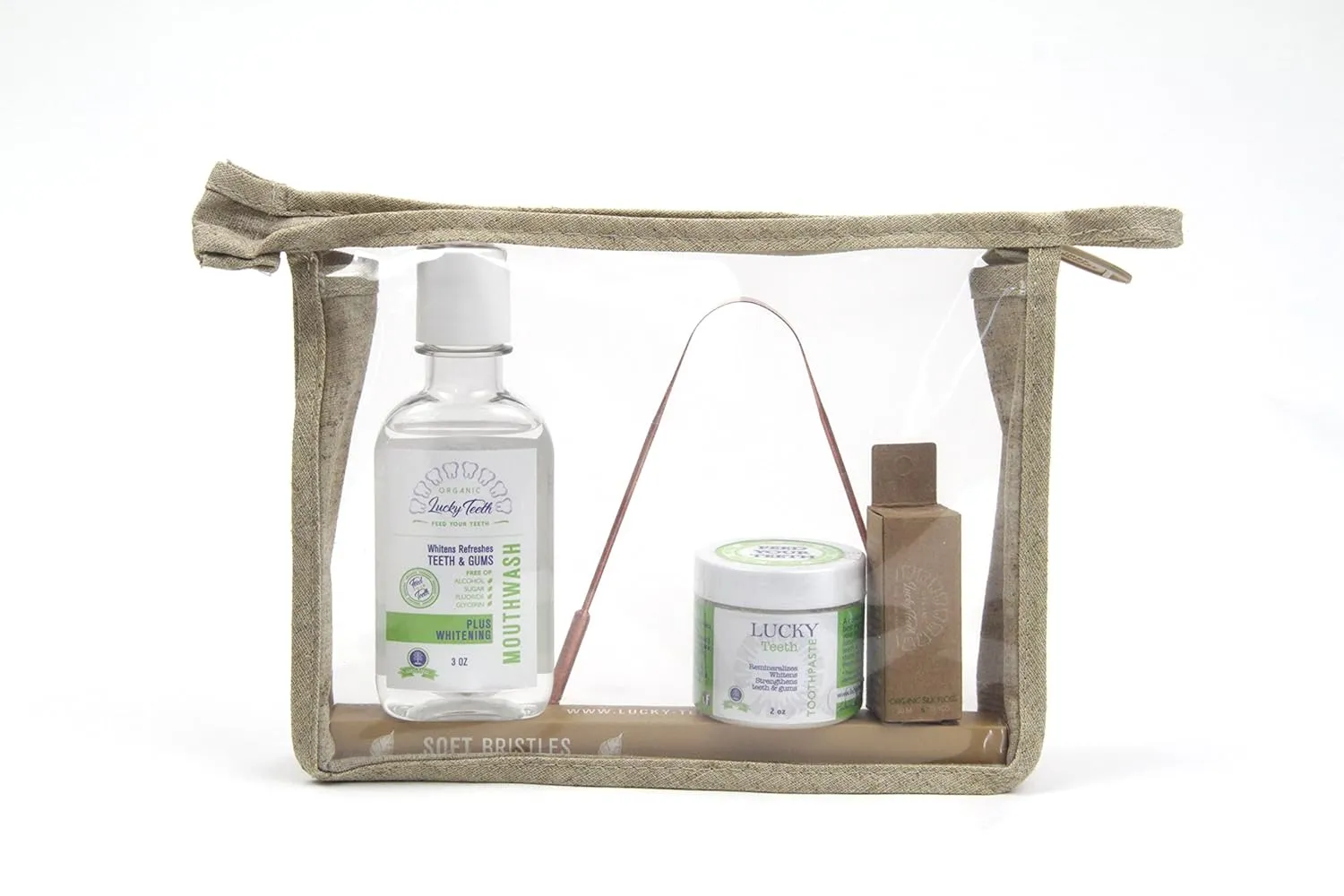 Lucky Teeth Oral Care Travel Kit Essentials in a Hemp Bag- Organic Charcoal Toothpaste, Peroxide Mouthwash, Bamboo Floss, Stainless Steel Tongue Scraper, Charcoal Toothbrush. (Charcoal/Stainless)