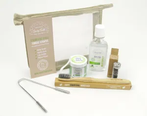 Lucky Teeth Oral Care Travel Kit Essentials in a Hemp Bag- Organic Charcoal Toothpaste, Peroxide Mouthwash, Bamboo Floss, Stainless Steel Tongue Scraper, Charcoal Toothbrush. (Charcoal/Stainless)