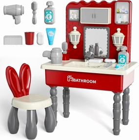 Lucky Doug Pretend Play Sink Toys for Kids, Bathroom Sink Toy with Running Water, Vanity Set with Mirror and Stool for Girls Ages 3 4 5 6 7 Year olds