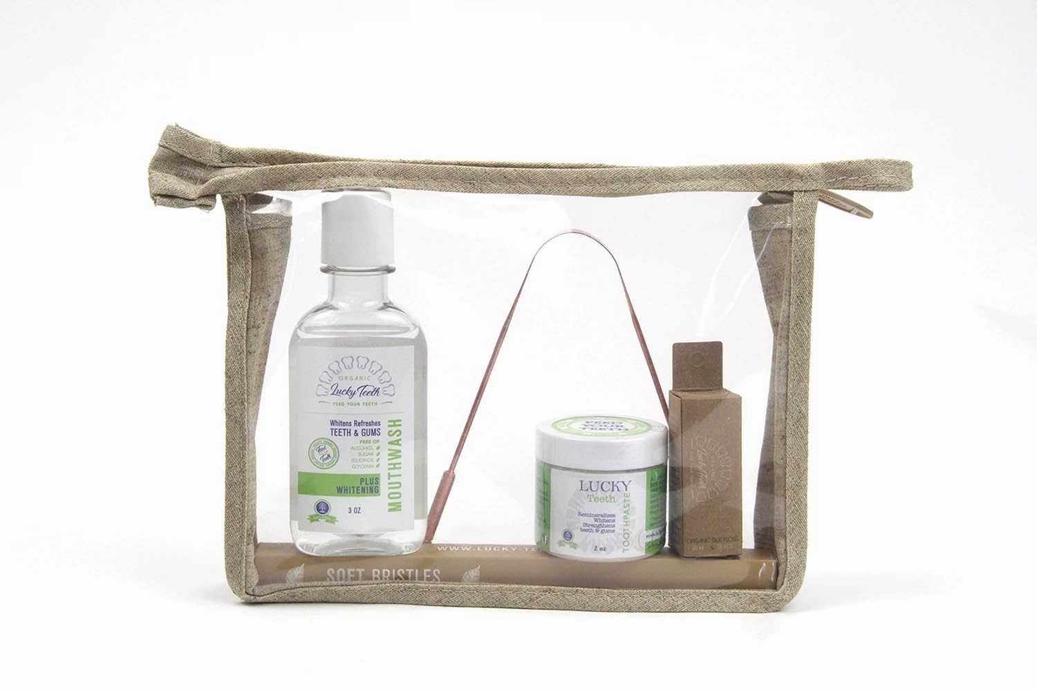 Lucky Teeth Oral Care Travel Kit Essentials in a Hemp Bag- Organic Charcoal Toothpaste, Peroxide Mouthwash, Bamboo Floss, Stainless Steel Tongue Scraper, Charcoal Toothbrush. (Charcoal/Stainless)