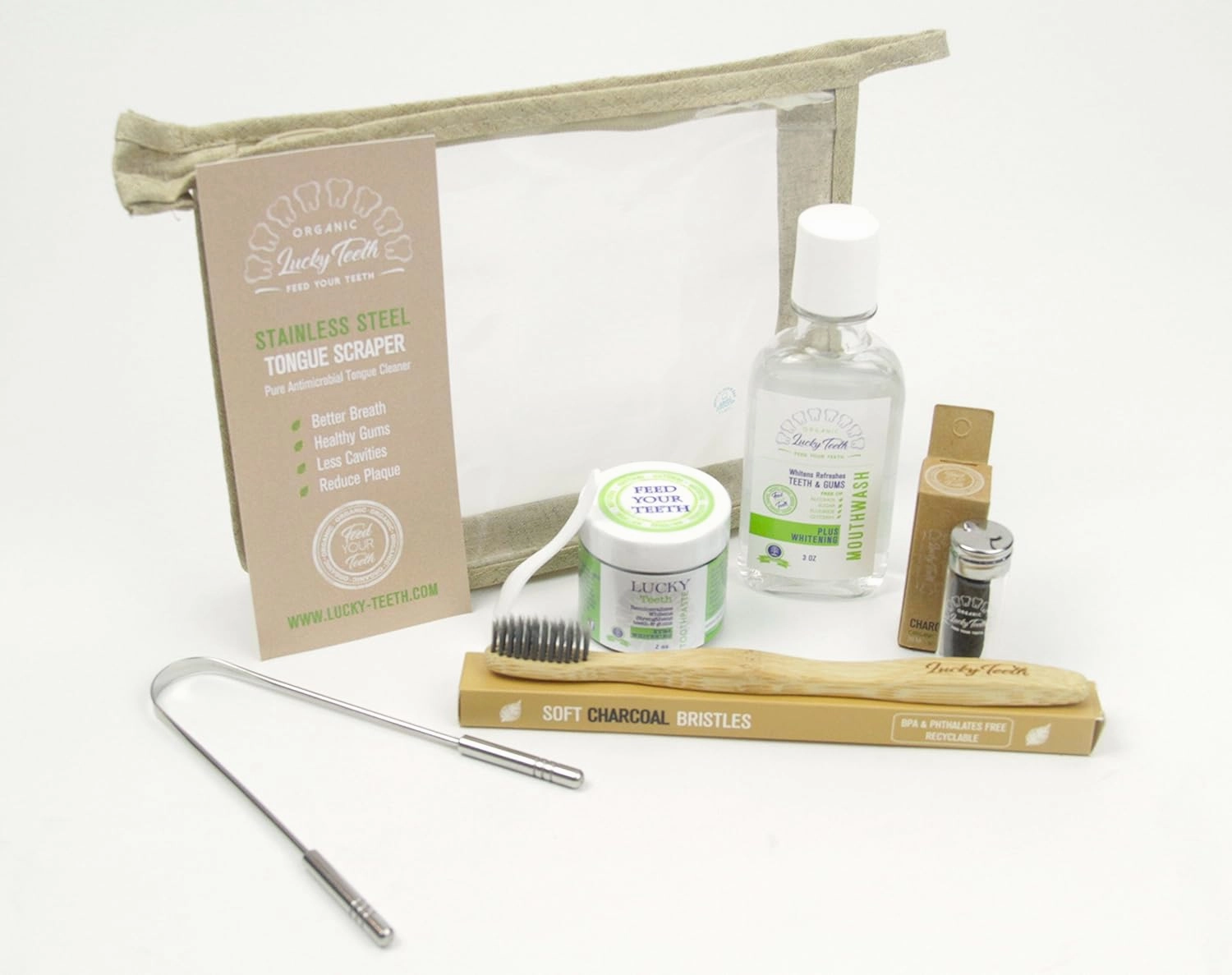 Lucky Teeth Oral Care Travel Kit Essentials in a Hemp Bag- Organic Charcoal Toothpaste, Peroxide Mouthwash, Bamboo Floss, Stainless Steel Tongue Scraper, Charcoal Toothbrush. (Charcoal/Stainless)