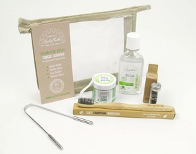 Lucky Teeth Oral Care Travel Kit Essentials in a Hemp Bag- Organic Charcoal Toothpaste, Peroxide Mouthwash, Bamboo Floss, Stainless Steel Tongue Scraper, Charcoal Toothbrush. (Charcoal/Stainless)