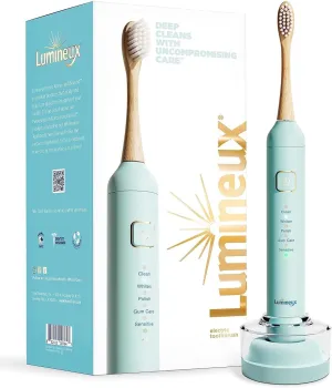 Lumineux Teeth Whitening Sonic Bamboo Electric Toothbrush for Adults - Includes 2 Soft Bristle Replaceable Bamboo Toothbrush Heads, Charging Station & USB Charge Cord - Rechargeable, Light Blue