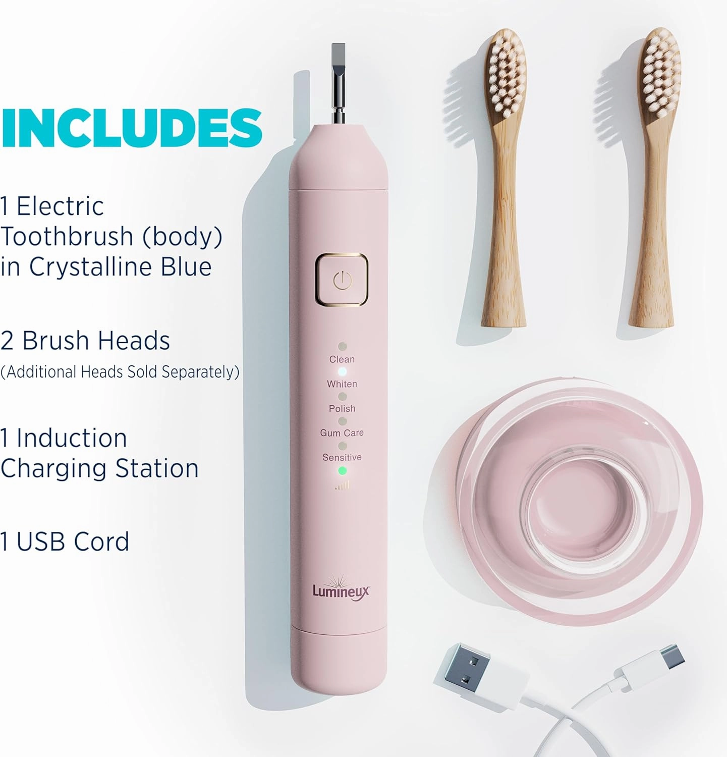 Lumineux Teeth Whitening Sonic Bamboo Electric Toothbrush for Adults - Includes 2 Soft Bristle Replaceable Bamboo Toothbrush Heads, Charging Station & USB Charge Cord - Rechargeable, Bloom Pink