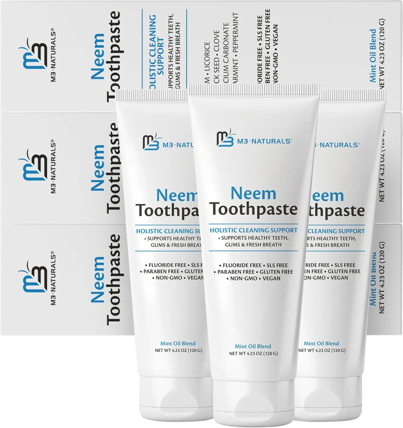 M3 Naturals Neem Toothpaste Organic Fluoride-Free with Mint | Herbal Formula for Healthy Teeth and Gums | Non-GMO, Vegan, 4.23 oz (120 g) Pack of 3
