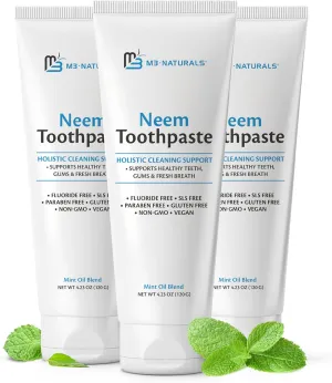 M3 Naturals Neem Toothpaste Organic Fluoride-Free with Mint | Herbal Formula for Healthy Teeth and Gums | Non-GMO, Vegan, 4.23 oz (120 g) Pack of 3