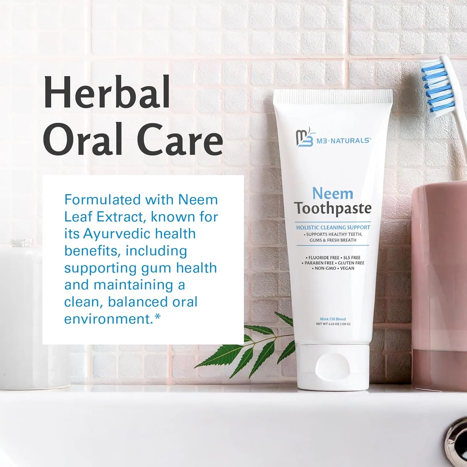 M3 Naturals Neem Toothpaste Organic Fluoride-Free with Mint | Herbal Formula for Healthy Teeth and Gums | Non-GMO, Vegan, 4.23 oz (120 g) Pack of 3