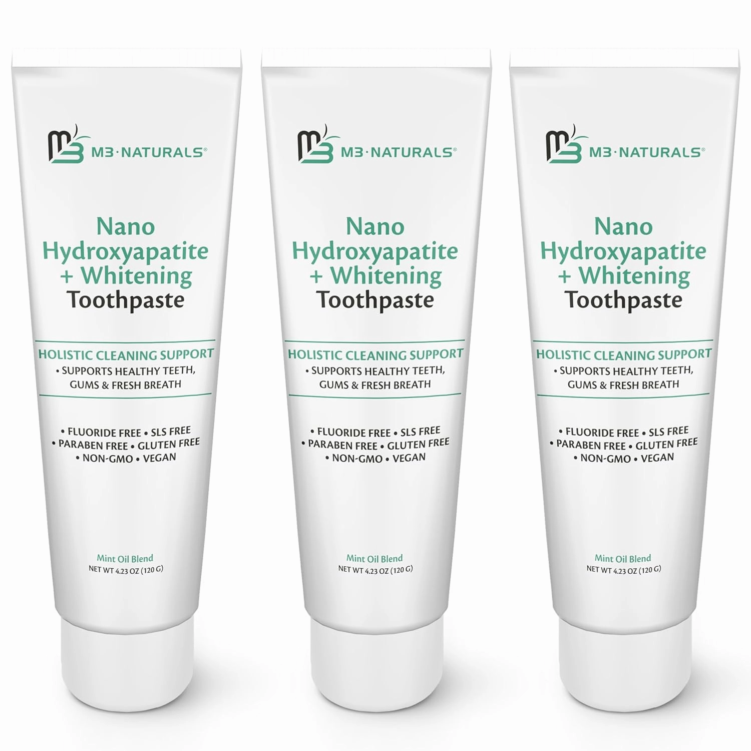 M3 Naturals Nano Hydroxyapatite Fluoride Free Whitening Toothpaste   Calcium, Non-GMO, Vegan, Paraben Free, 4.23 OZ (120 G) 3 Pack