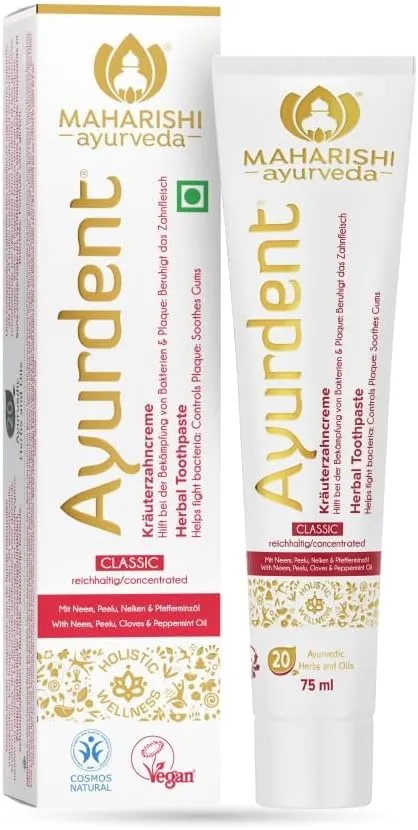Maharishis Ayurvedic Ayurdent Classic Ayurvedic Herbal Toothpaste- All Natural|SLS&Fluoride Free,Antioxidant&Anti Bacterial Benefits|Whitens&Strengthens Teeth|Helps Fight Plaque,Tartar|75Ml,Pack of 1