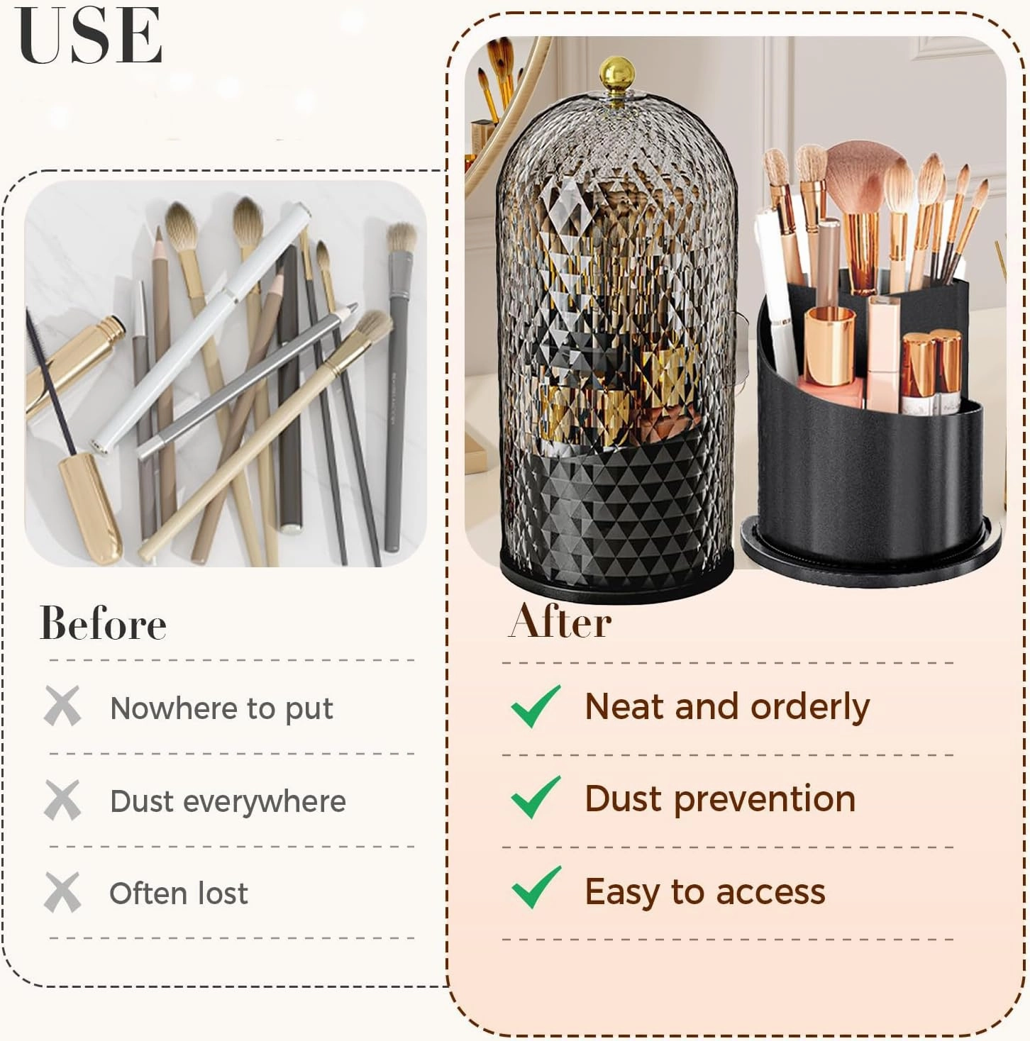 Makeup Brush Holder with Lid Cosmetic Tools Organizer 360 Rotating Waterproof Dustproof Beauty Brushes Storage for Vanity, All Green (Black)