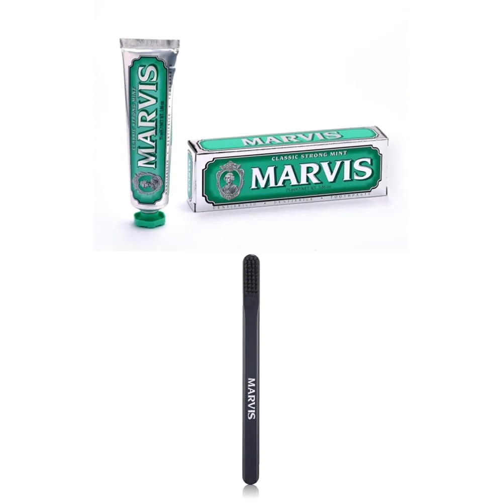 Marvis Classic Strong Mint Toothpaste, 3.8 oz and Medium Bristle Toothbrush