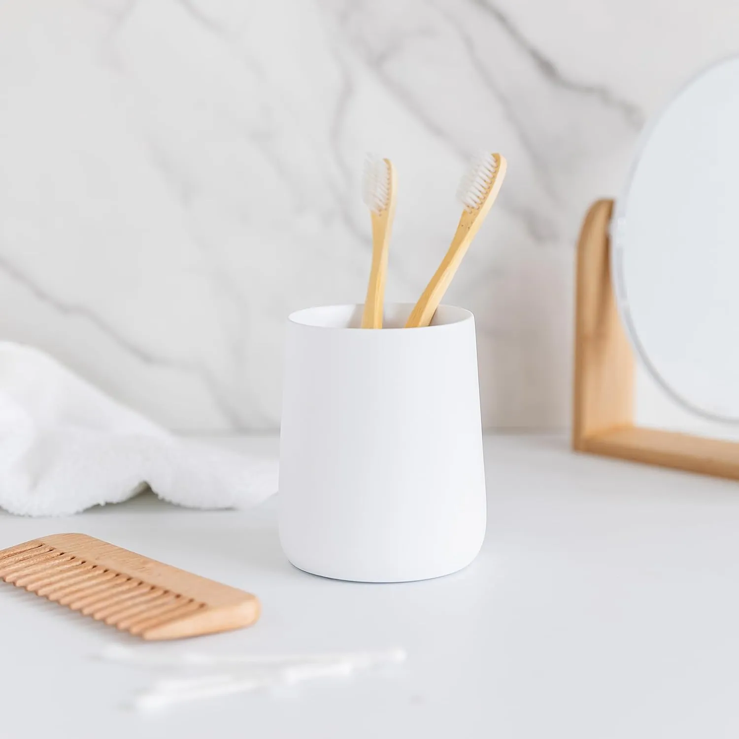 Matte White Toothbrush and Toothpaste Holder and Cup for Bathroom Vanity and Countertop, Round Organizer for Electric Toothbrushes, Floss, Razors, Cotton, and Mouthwash