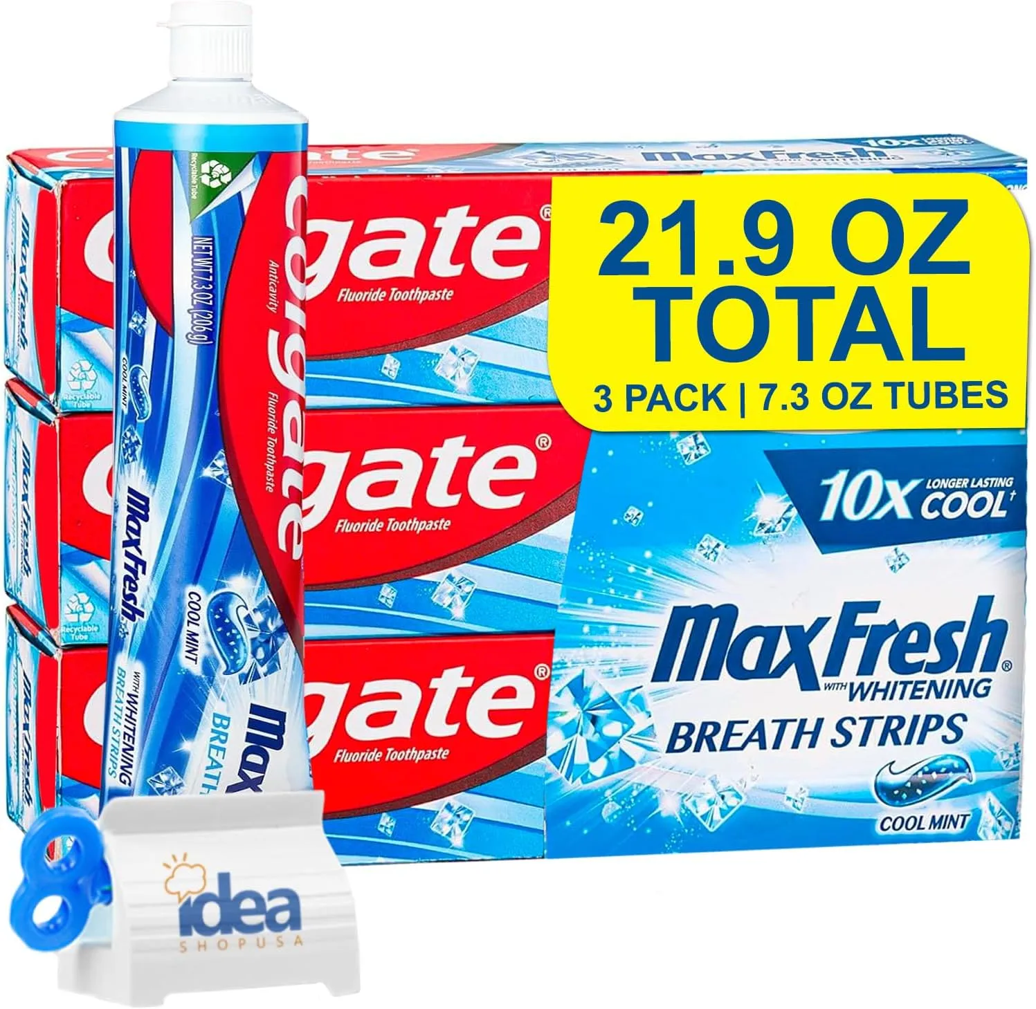 Max Fresh Toothpaste with Mini Breath Strips, Cool Mint - 3 Large Tubes of 7.3 oz (Total 21.9 oz) Fights Cavities, Whitens Teeth, Long-Lasting Freshness Bonus Idea Shop USA Toothpaste Squeezer