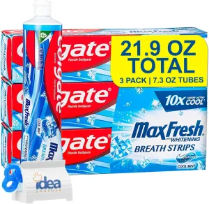 Max Fresh Toothpaste with Mini Breath Strips, Cool Mint - 3 Large Tubes of 7.3 oz (Total 21.9 oz) Fights Cavities, Whitens Teeth, Long-Lasting Freshness Bonus Idea Shop USA Toothpaste Squeezer