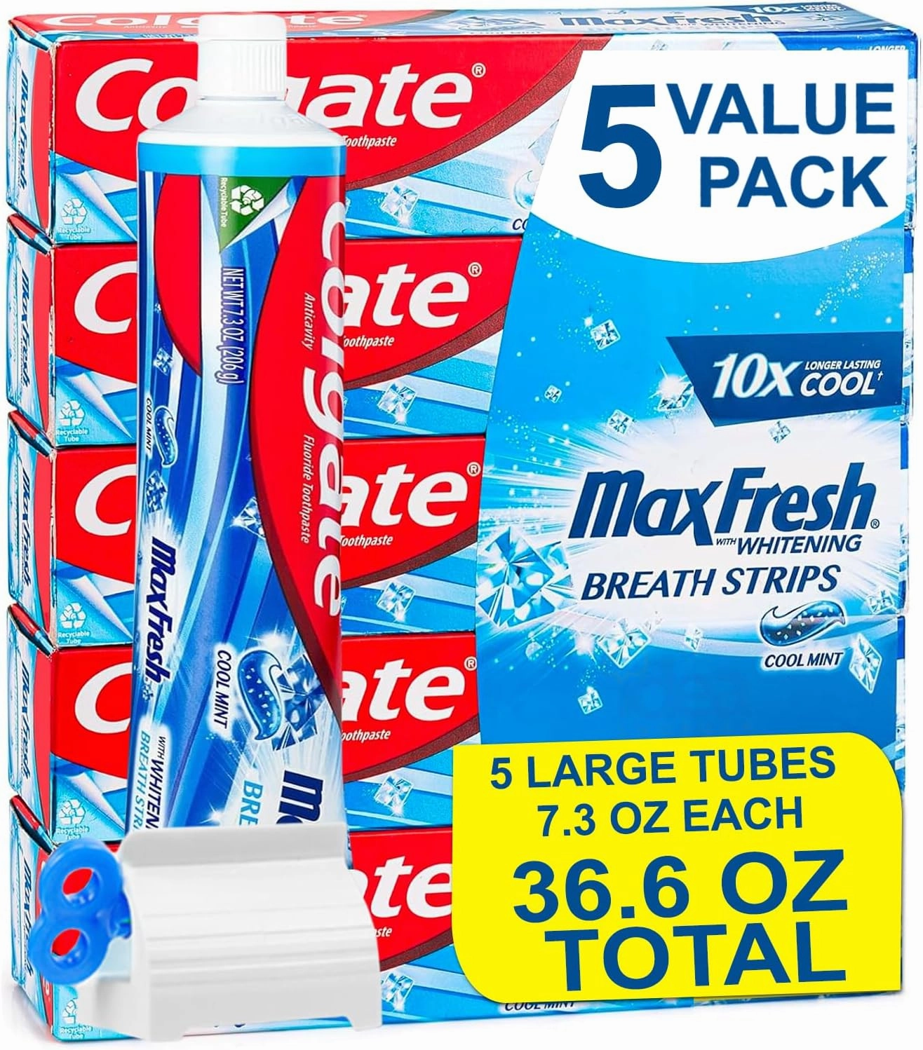 Max Toothpaste with Mini Breath Strips | Cool Mint | 5 Large Tubes of 7.3 oz (Total 36.5 oz) | Whitening | Fluoride Cavity Protection | Long-Lasting Fresh Breath | Toothpaste Squeezer