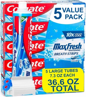 Max Toothpaste with Mini Breath Strips | Cool Mint | 5 Large Tubes of 7.3 oz (Total 36.5 oz) | Whitening | Fluoride Cavity Protection | Long-Lasting Fresh Breath | Toothpaste Squeezer