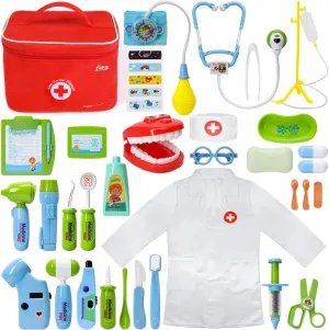 Medical Kit for Kids - 35 Pieces Doctor Pretend Play Equipment, Dentist Kit for Kids, Doctor Play Set with Gift Case for Toddlers Boys&Girls3 4 5 6 7 Years Old Birthday Gift (Blue-Green)