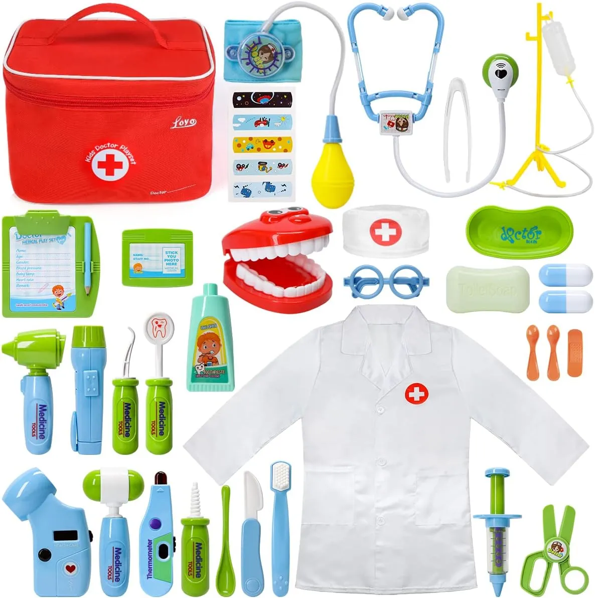 Medical Kit for Kids - 35 Pieces Doctor Pretend Play Equipment, Dentist Kit for Kids, Doctor Play Set with Gift Case for Toddlers Boys&Girls3 4 5 6 7 Years Old Birthday Gift (Blue-Green)