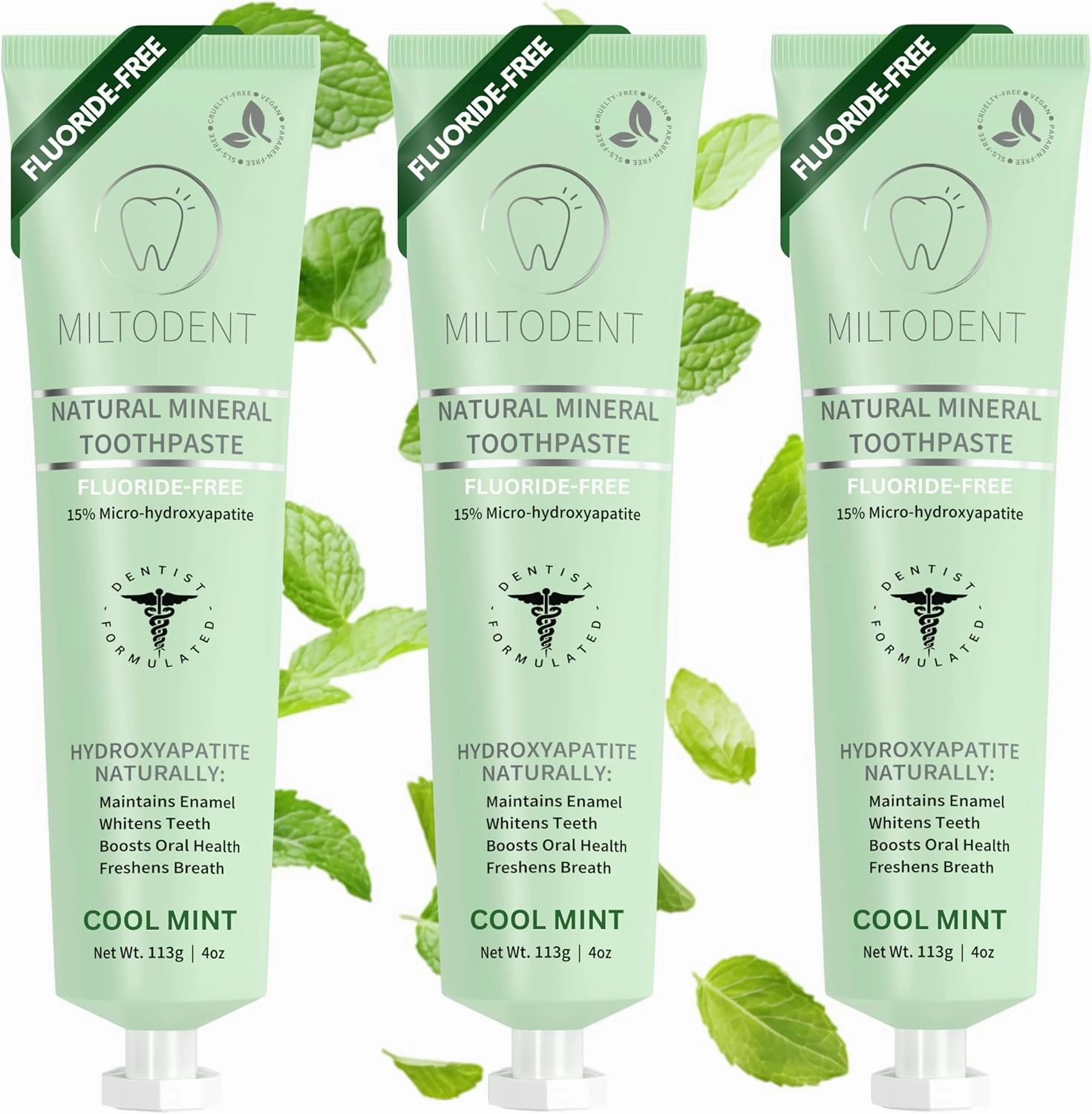 MILTODENT Premium Hydroxyapatite Toothpaste –15% Micro-Hydroxyapatite | Fluoride-Free, Best Taste, Foam-Free, Natural Mineralizing| Safe Alternative to Nano-Hydroxyapatite | SLS-Free & Natural - 3Pack
