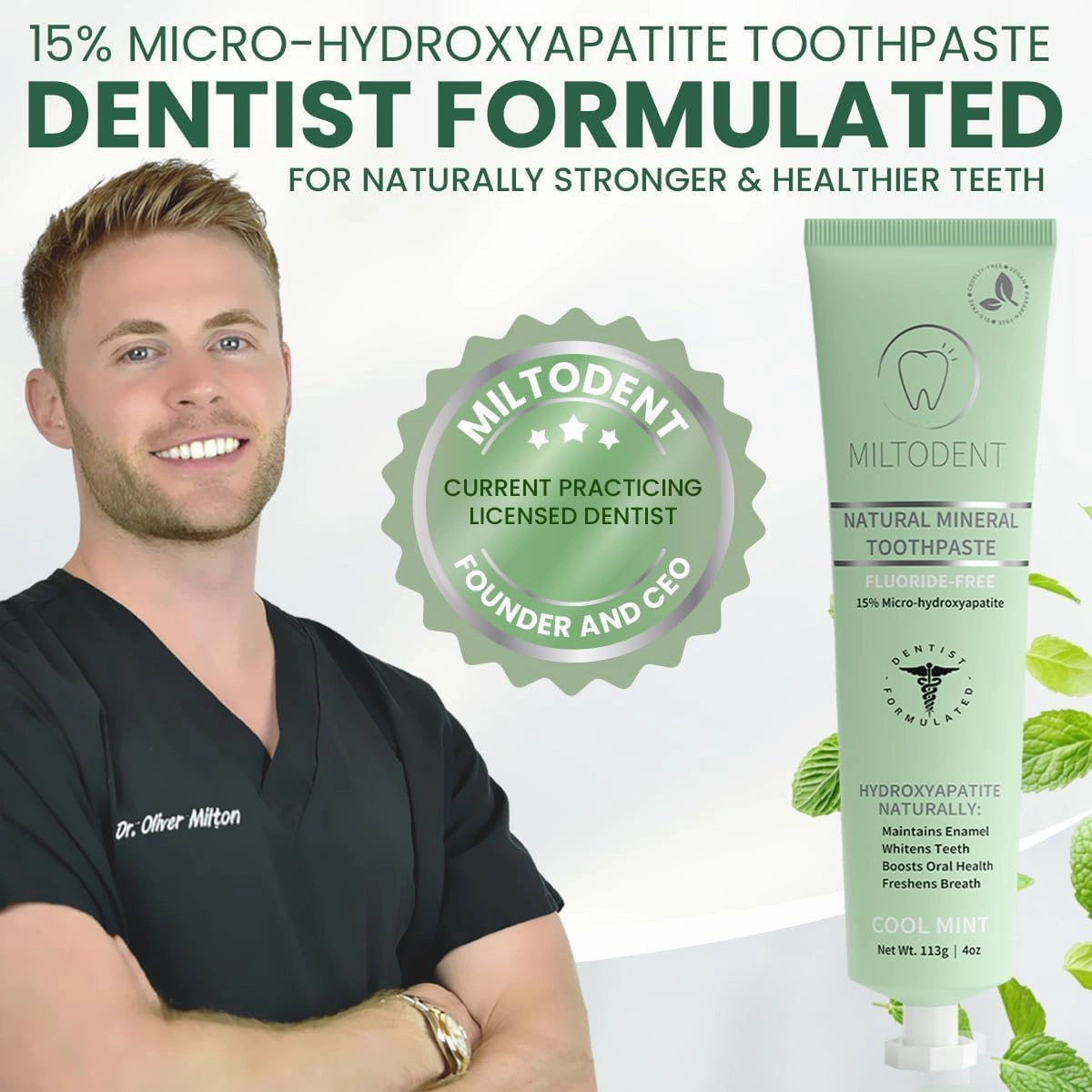 MILTODENT Premium Hydroxyapatite Toothpaste –15% Micro-Hydroxyapatite | Fluoride-Free, Best Taste, Foam-Free, Natural Mineralizing| Safe Alternative to Nano-Hydroxyapatite | SLS-Free & Natural - 3Pack