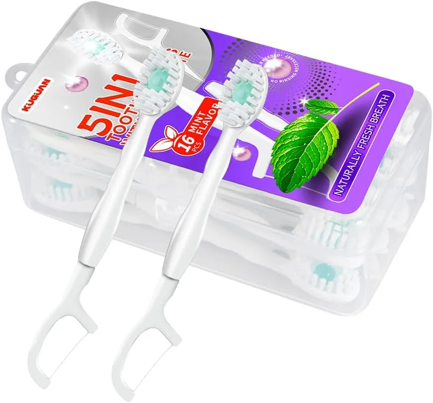 Mini Brushes-Disposable Toothbrushes 5-in-1 with Toothpaste Floss Pick Tongue Scraper Travel Toothbrushes Portable for Work Travel (Mint-2pack)