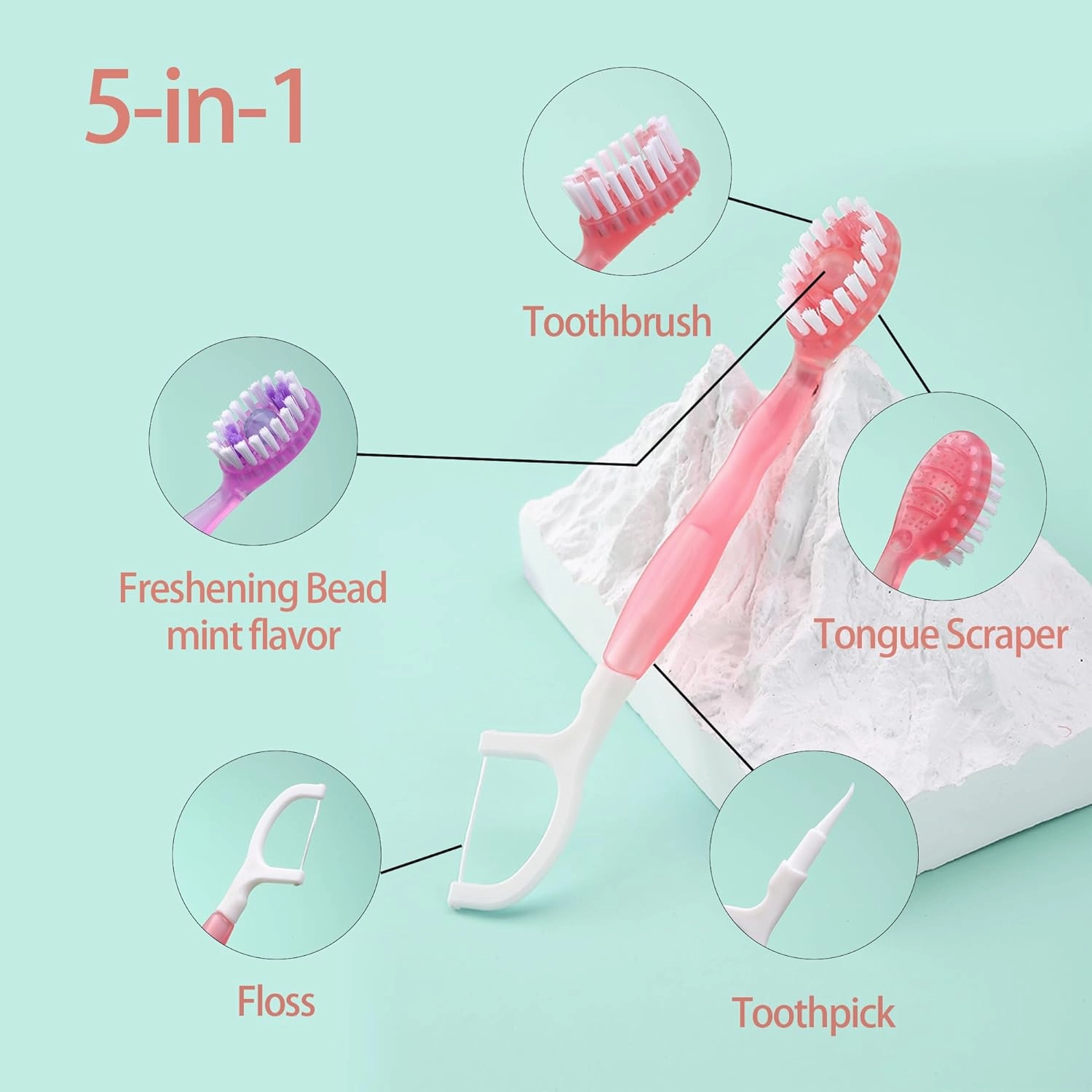 Mini Disposable Toothbrushes with Toothpaste 5 in 1 Travel Portable Toothbrush with Toothpaste   Tongue Scraper   Picks Floss Travel Case (Mint, 26)