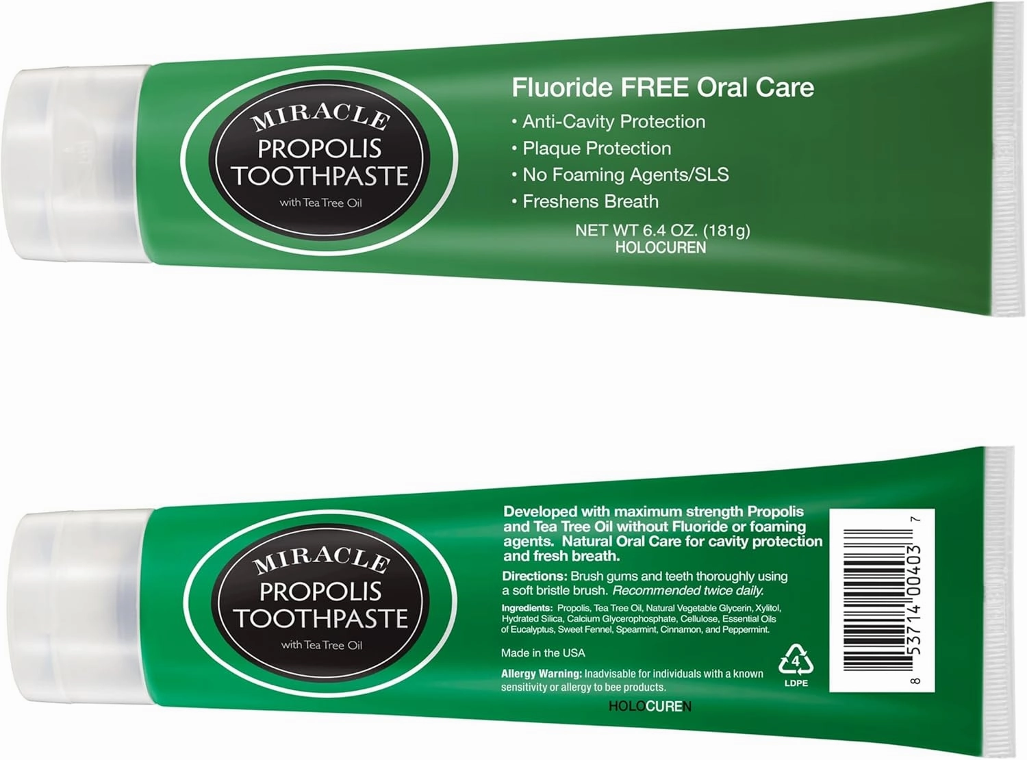 Miracle Propolis Toothpaste Two Pack, with Tea Tree Oil, No Fluoride, 12.8 oz