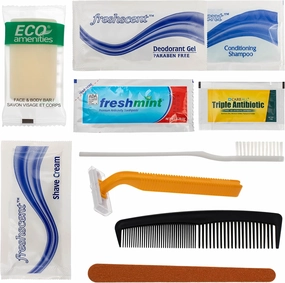 Moda West 96 Kits - Bulk Case of Wholesale Deluxe 11 Piece Toiletry Kit for Men, Women, Travel, Charity, Homeless Shelters, Shampoo, Toothpaste, Razor, Comb, Shaving Cream, Deodorant & More, 96 Packs