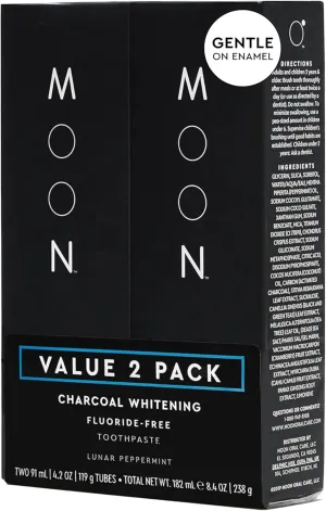 MOON Charcoal Toothpaste, Whitening Stain Removal for Everyday Brightening - SLS Free Teeth Whitening Toothpaste Without Fluoride - Vegan - Reduce Plaque & Support Gum Health - Peppermint (2 Pack)