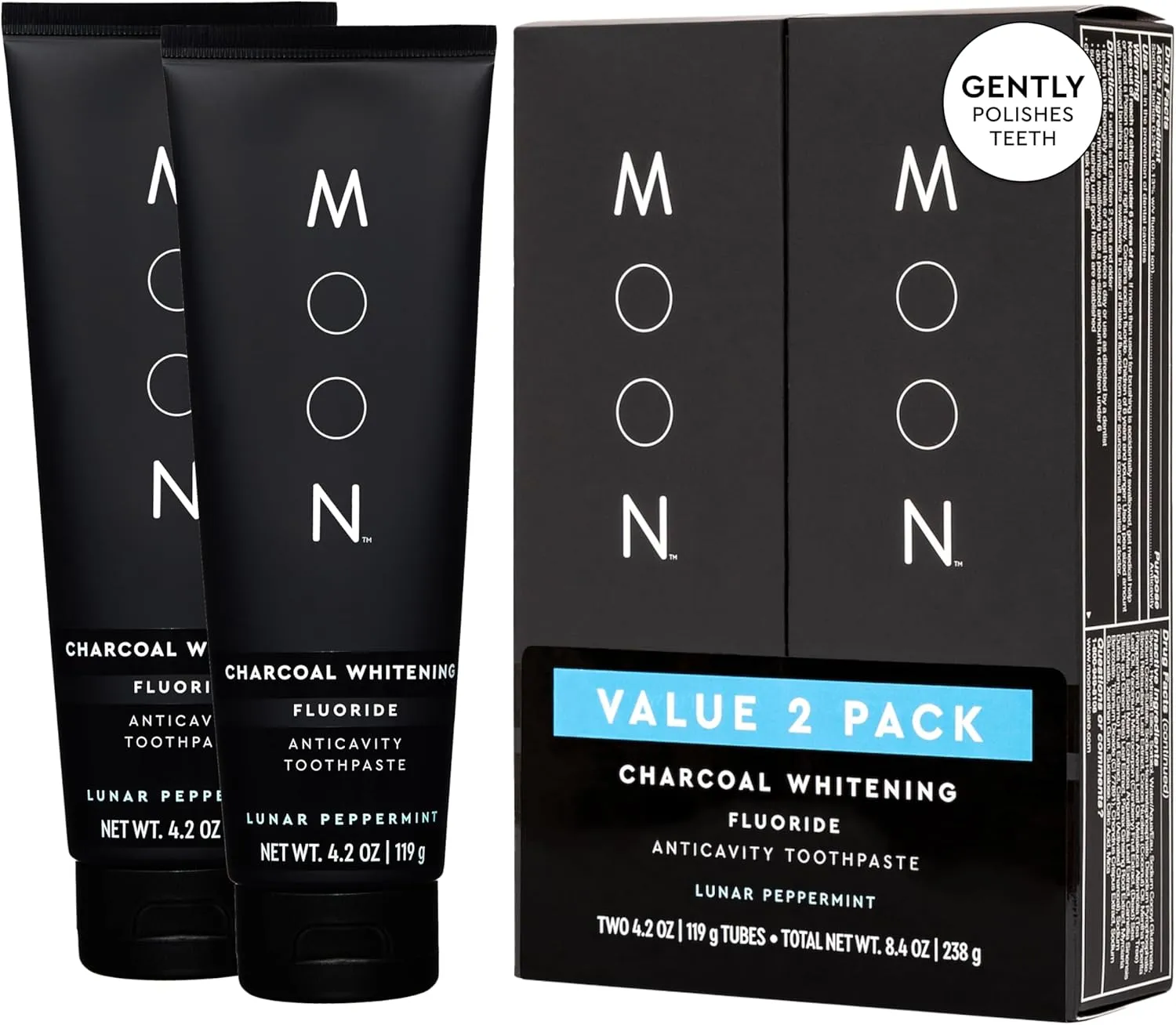 MOON Charcoal Toothpaste, Whitening Stain Removal with Cavity Protection - SLS Free Teeth Whitening Toothpaste with Fluoride - Reduce Plaque & Support Gum Health - Peppermint (2 Pack, 4.2 Oz Each)