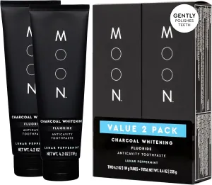MOON Charcoal Toothpaste, Whitening Stain Removal with Cavity Protection - SLS Free Teeth Whitening Toothpaste with Fluoride - Reduce Plaque & Support Gum Health - Peppermint (2 Pack, 4.2 Oz Each)
