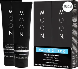MOON Fluoride Free Toothpaste - Stain Removal Teeth Whitening Toothpaste for Adults & Children - with Essential Oils, Green Tea & Mica - Gentle on Enamel & Gums - Peppermint (2 Pack, 4.2 Oz Each)